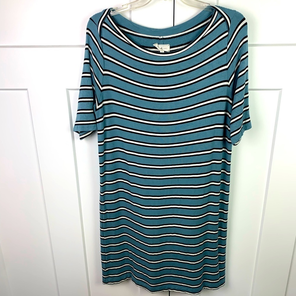 Lou & Grey LARGE Pull Over Swing Dress Blue White Stripe Elbow Sleeves Signature
